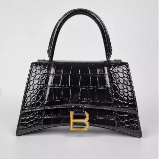 BCG Small Hourglass Croc Embossed Black Leather Top Handle Bag New