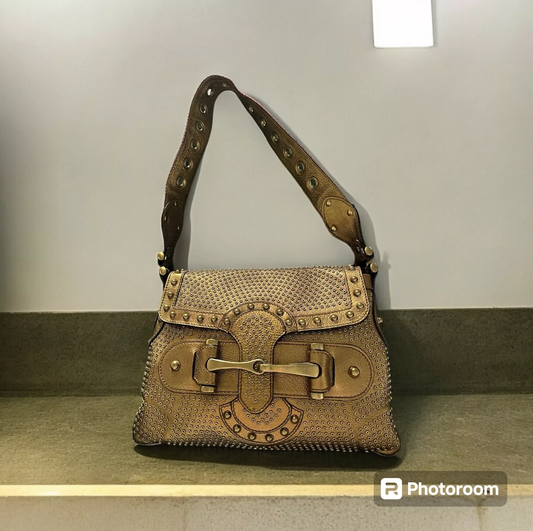 Rare GC Horsebit Studded Pelham Runway Bag In Bronze Calfskin