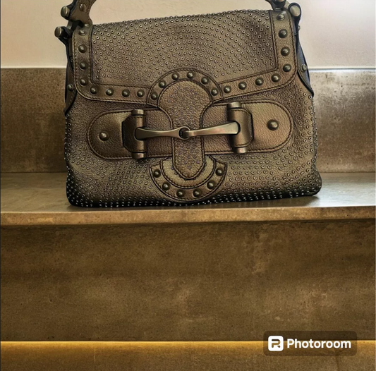Rare GC Horsebit Studded Pelham Runway Bag In Bronze Calfskin