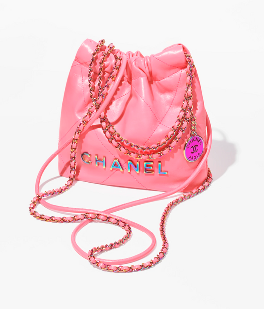 Fall-Winter 2024/25 CHL 22 Mini Handbag   Shiny Calfskin & Rainbow Metal  Coral Pink