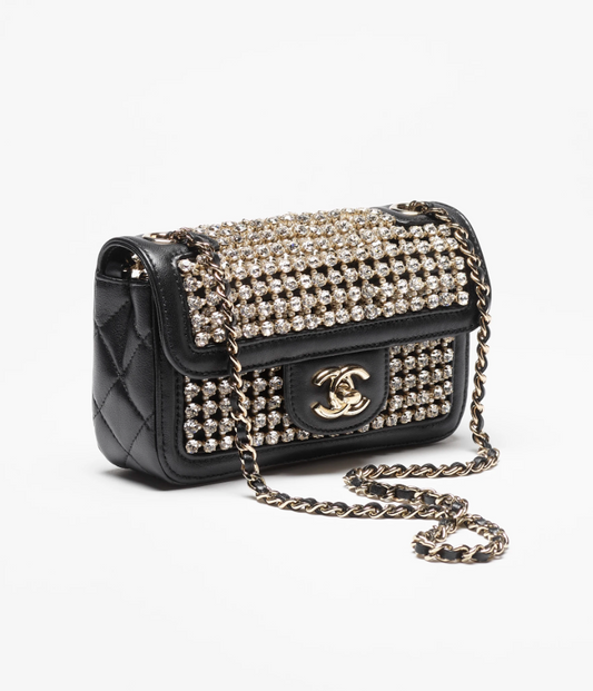 Mini Flap Bag   Lambskin, Strass, Imitation Pearls & Gold-Tone Metal  Black & Crystal