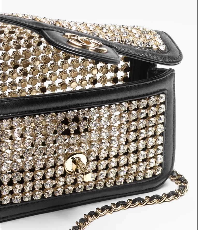 Mini Flap Bag   Lambskin, Strass, Imitation Pearls & Gold-Tone Metal  Black & Crystal