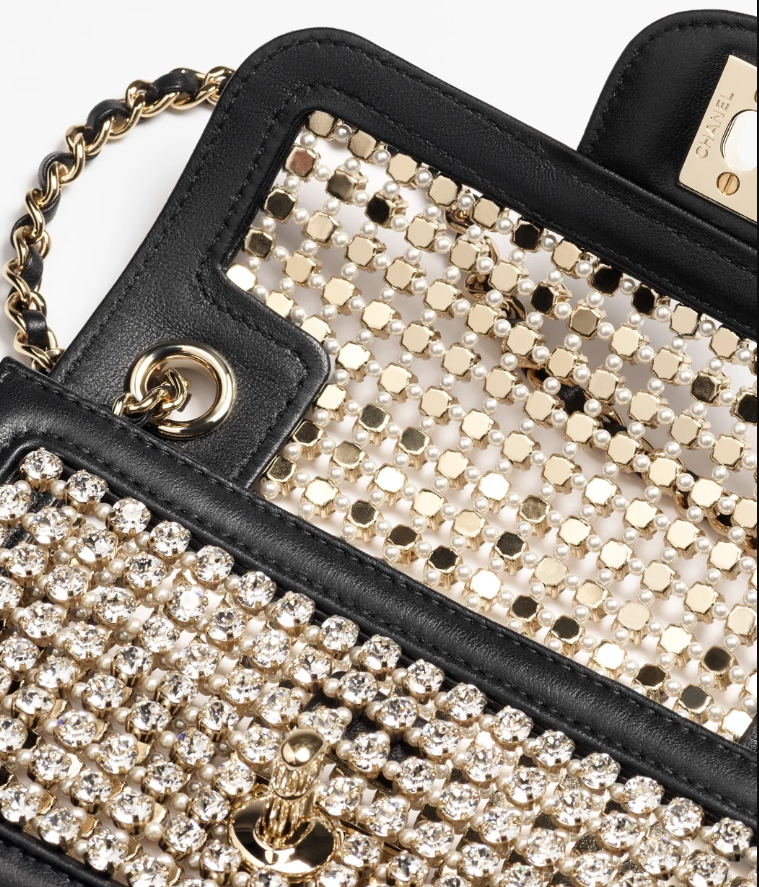 Mini Flap Bag   Lambskin, Strass, Imitation Pearls & Gold-Tone Metal  Black & Crystal
