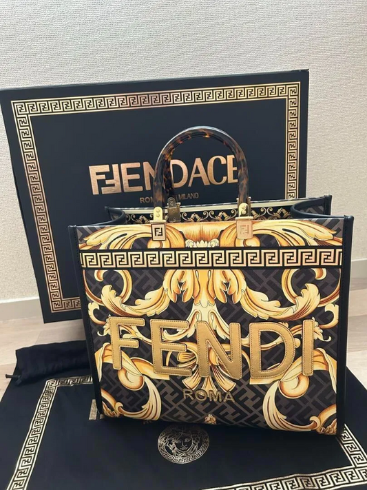 FDI Sunshine Leather Tote Bag Fendi x Versace Fendace Collaboration Gold