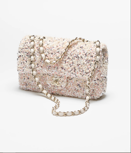 Evening Bag   Sequins & Gold-Tone Metal  White & Silver