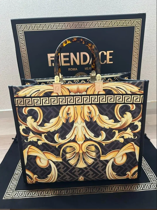 FDI Sunshine Leather Tote Bag Fendi x Versace Fendace Collaboration Gold