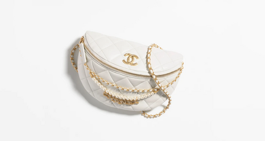 Waist Bag   Shiny Lambskin, Imitation Pearls & Gold-Tone Metal  White
