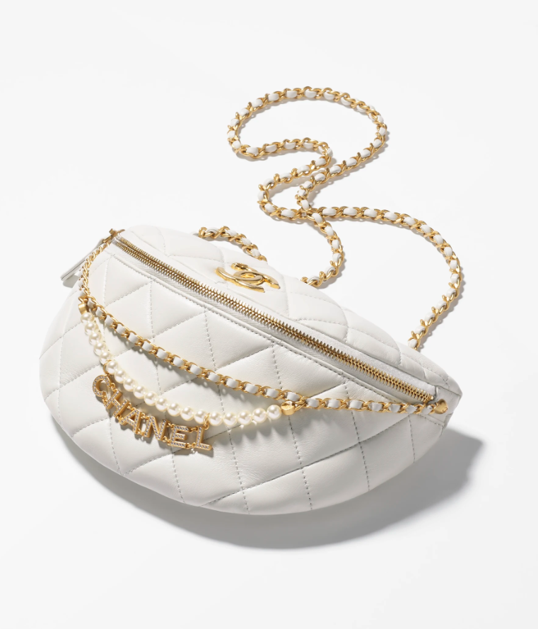 Waist Bag   Shiny Lambskin, Imitation Pearls & Gold-Tone Metal  White