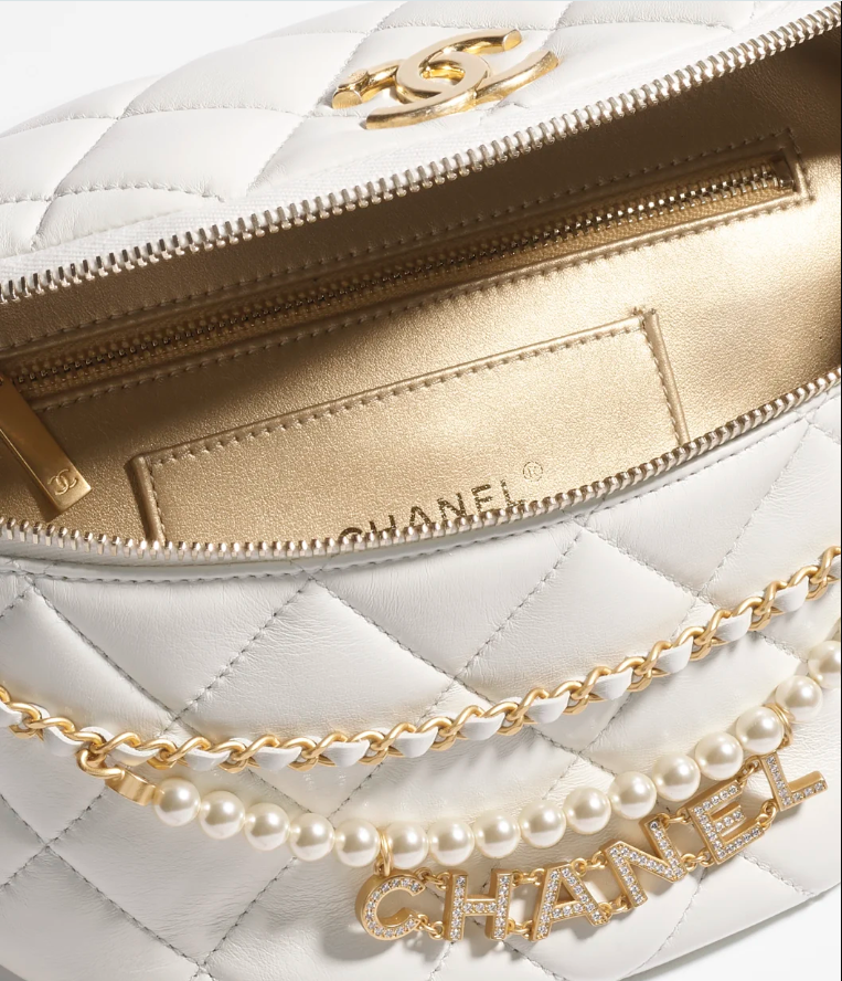 Waist Bag   Shiny Lambskin, Imitation Pearls & Gold-Tone Metal  White
