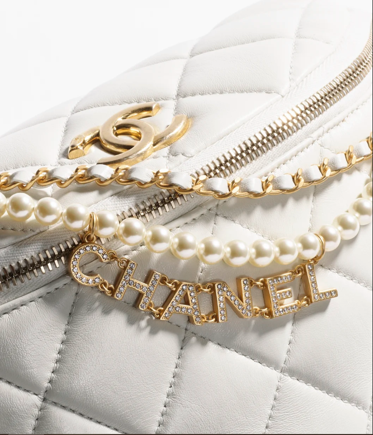 Waist Bag   Shiny Lambskin, Imitation Pearls & Gold-Tone Metal  White