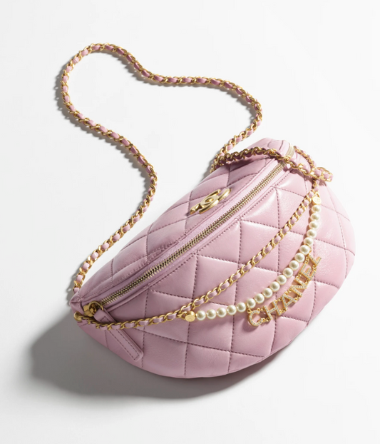 Waist Bag   Shiny Lambskin, Imitation Pearls & Gold-Tone Metal  White