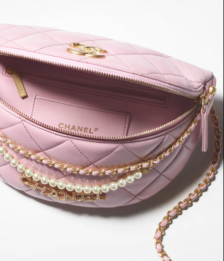 Waist Bag   Shiny Lambskin, Imitation Pearls & Gold-Tone Metal  White