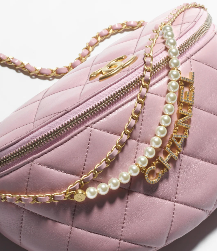 Waist Bag   Shiny Lambskin, Imitation Pearls & Gold-Tone Metal  White