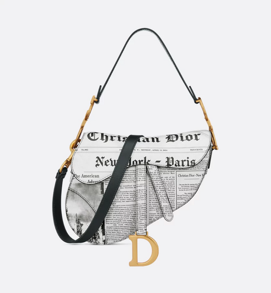 DIR Saddle Bag with Strap White and Black Calfskin with Newspaper Print