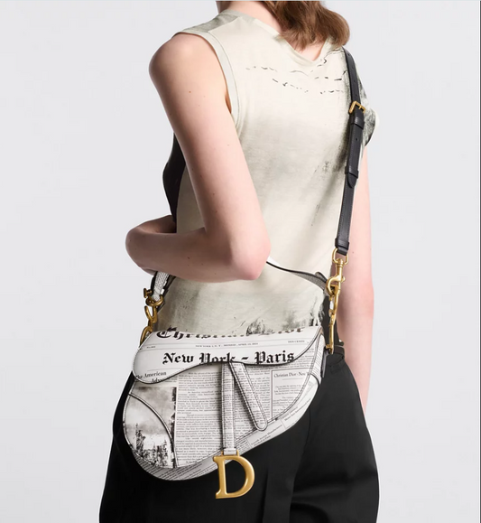DIR Saddle Bag with Strap White and Black Calfskin with Newspaper Print