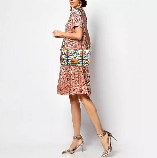 FDI Multicolor Peacock Motif Beaded Baguette Bag