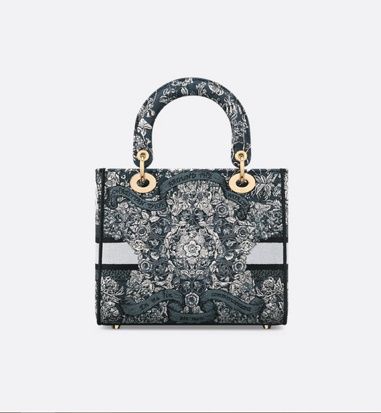 Medium Lady D-Lite Bag Latte Embroidery with Blue DIR Around the World Motif