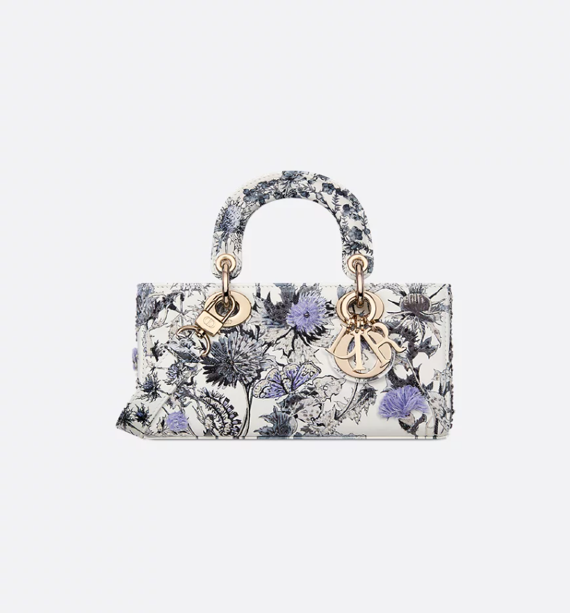 Small Lady D-Joy Bag White Calfskin with Denim Blue DIR Chardons Print