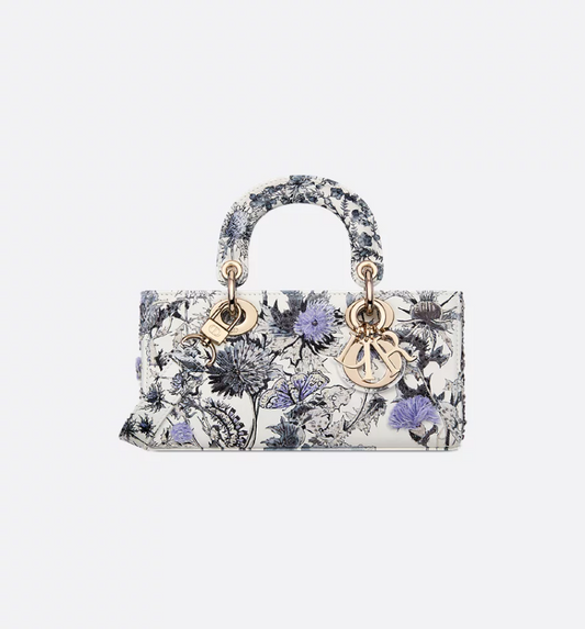 Small Lady D-Joy Bag White Calfskin with Denim Blue DIR Chardons Print