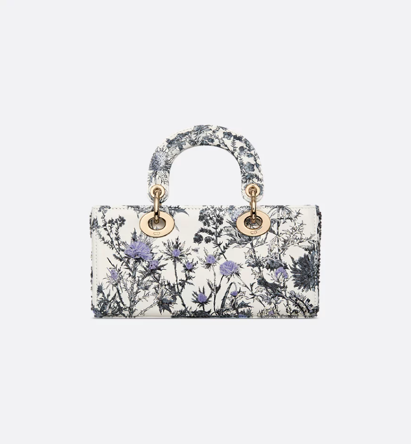 Small Lady D-Joy Bag White Calfskin with Denim Blue DIR Chardons Print