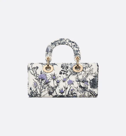 Small Lady D-Joy Bag White Calfskin with Denim Blue DIR Chardons Print