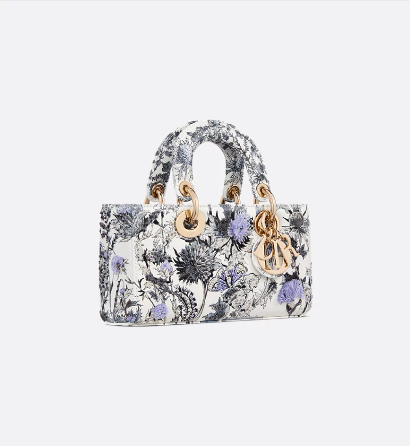 Small Lady D-Joy Bag White Calfskin with Denim Blue DIR Chardons Print