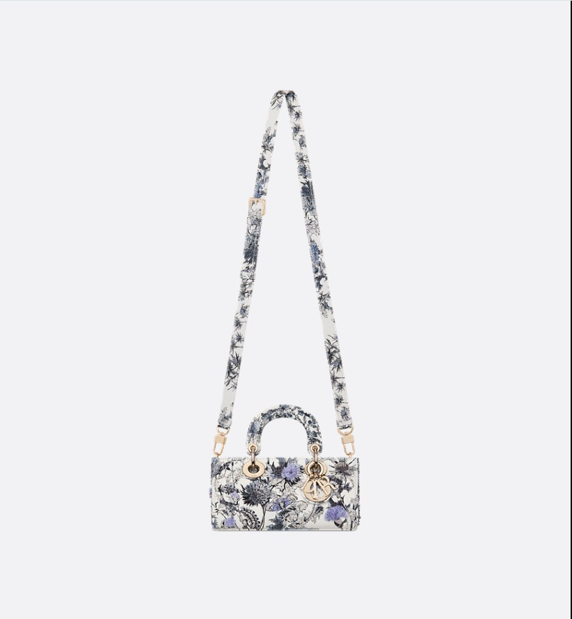 Small Lady D-Joy Bag White Calfskin with Denim Blue DIR Chardons Print