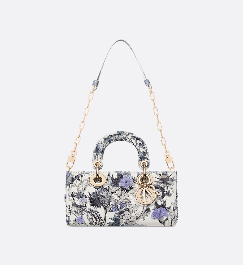 Small Lady D-Joy Bag White Calfskin with Denim Blue DIR Chardons Print