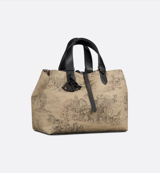 Medium DIR Toujours Bag Beige and Black Water-Repellent Fabric with Toile de Jouy Scotland Print