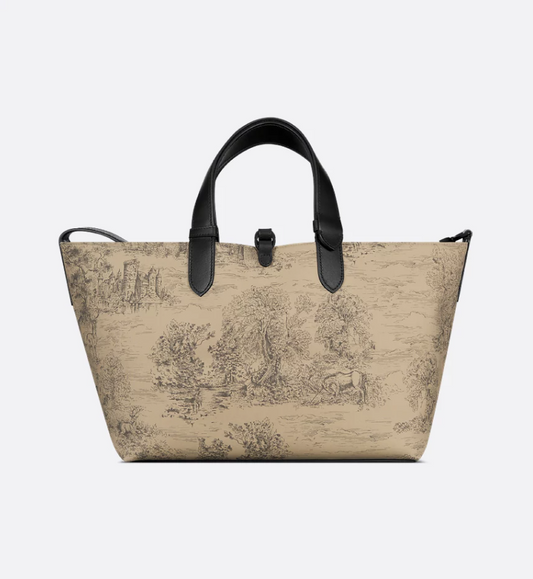 Medium DIR Toujours Bag Beige and Black Water-Repellent Fabric with Toile de Jouy Scotland Print