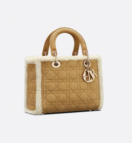 Medium Lady DIR Bag Beige Suede and Ecru Lambskin Shearling