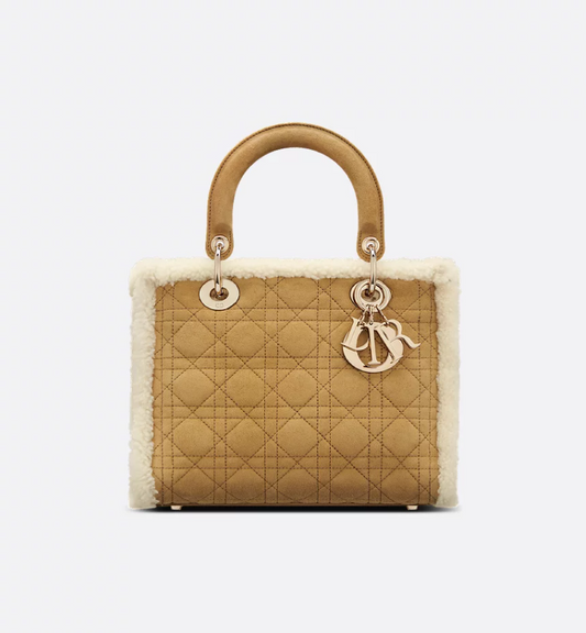 Medium Lady DIR Bag Beige Suede and Ecru Lambskin Shearling
