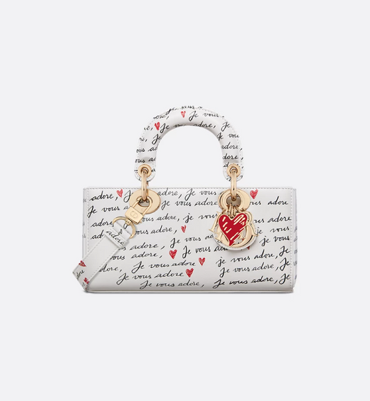 DIRamour Small Lady D-Joy Bag White Calfskin with Black and Red Je Vous Adore Print
