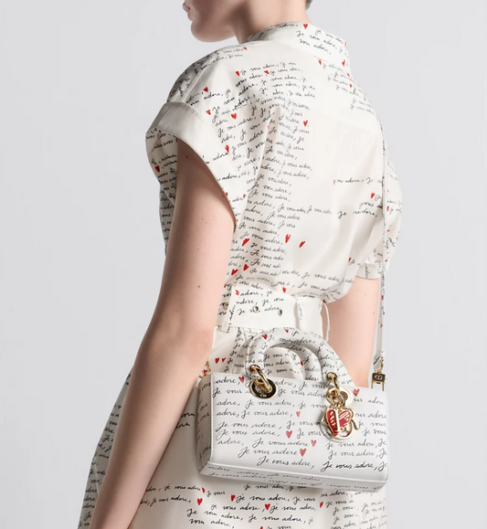 DIRamour Small Lady D-Joy Bag White Calfskin with Black and Red Je Vous Adore Print