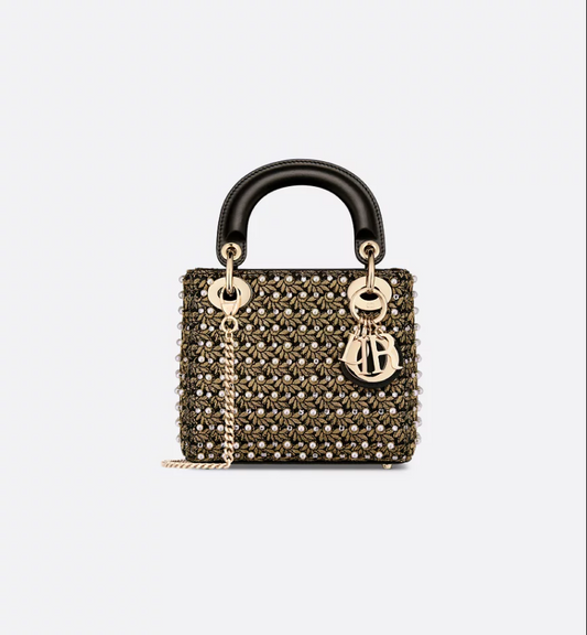 Mini Lady DIR Bag Cotton Embroidered with Resin Pearls, Crystals and Gold-Tone Metallic Thread