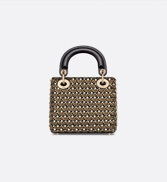 Mini Lady DIR Bag Cotton Embroidered with Resin Pearls, Crystals and Gold-Tone Metallic Thread