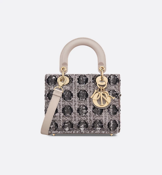 Small Lady DIR Bag Gray Cannage Sequin-Embroidered Cotton