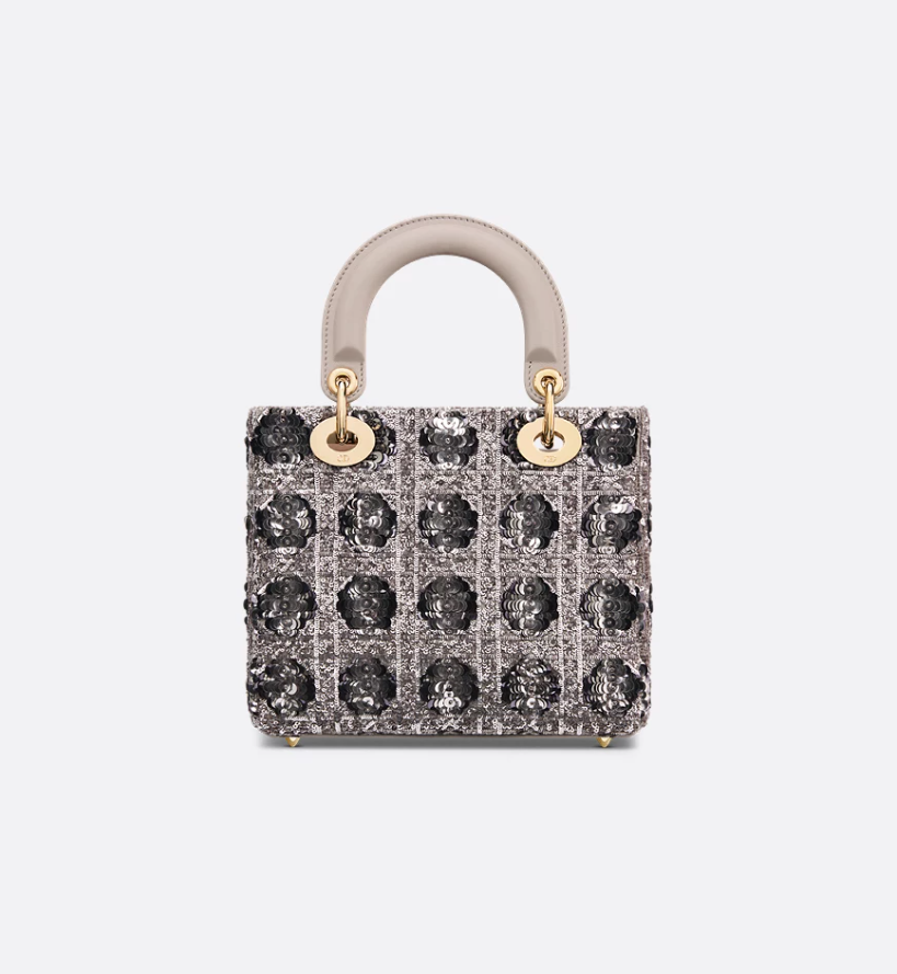 Small Lady DIR Bag Gray Cannage Sequin-Embroidered Cotton