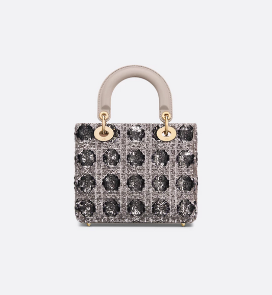 Small Lady DIR Bag Gray Cannage Sequin-Embroidered Cotton
