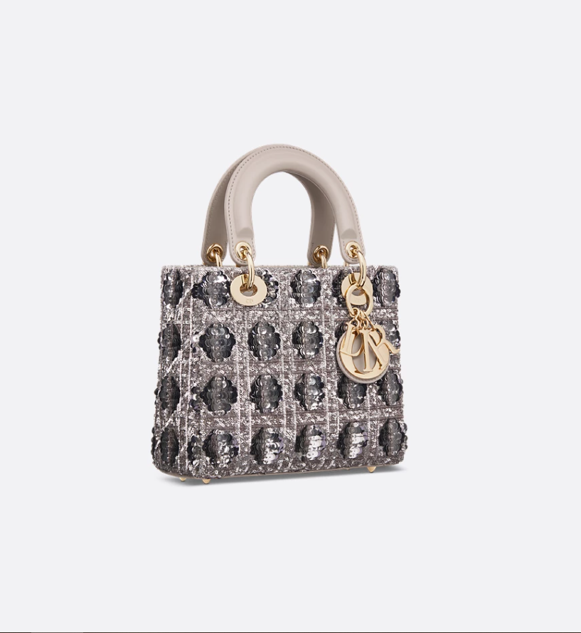 Small Lady DIR Bag Gray Cannage Sequin-Embroidered Cotton