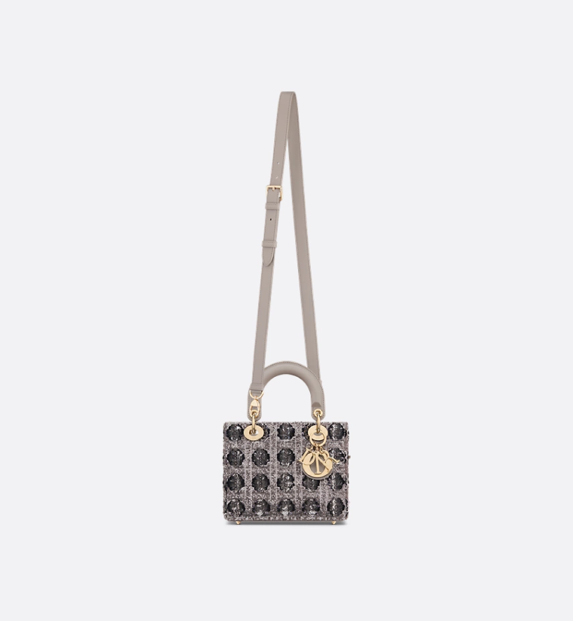 Small Lady DIR Bag Gray Cannage Sequin-Embroidered Cotton