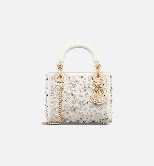 Mini Lady DIRBag Latte Satin Embroidered with Beads