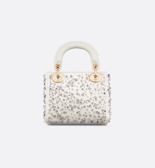 Mini Lady DIRBag Latte Satin Embroidered with Beads