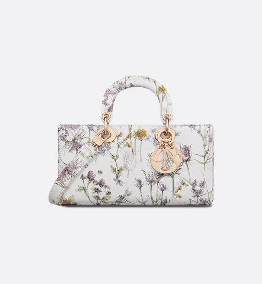 Medium Lady D-Joy Bag White Calfskin with Multicolor DIR Herbarium Print