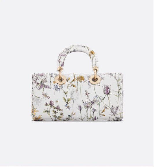 Medium Lady D-Joy Bag White Calfskin with Multicolor DIR Herbarium Print